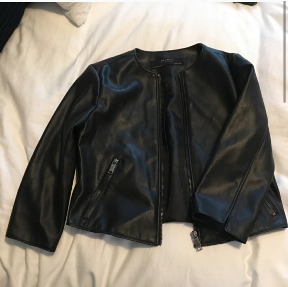 Zara collarless faux leather jacket.